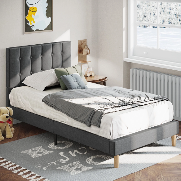 Grey twin bed frame with tufted velvet headboard, sturdy metal and wood construction, and 7.9-inch under-bed storage clearance.