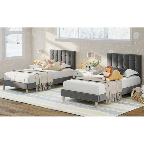 Grey twin bed frame with tufted velvet headboard, sturdy metal and wood construction, and 7.9-inch under-bed storage clearance.