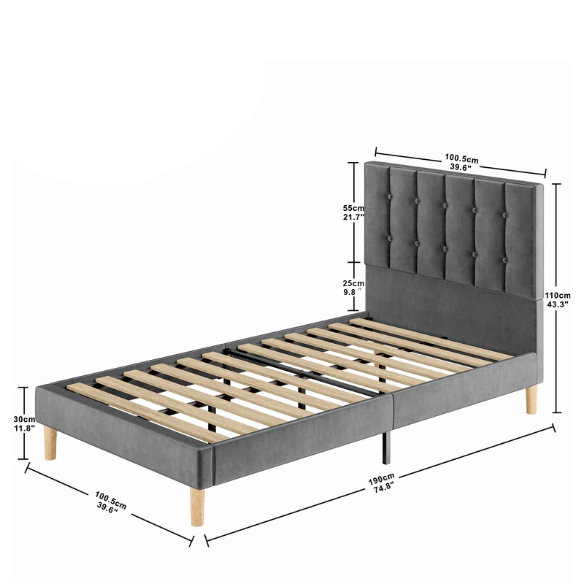Grey twin bed frame with tufted velvet headboard, sturdy metal and wood construction, and 7.9-inch under-bed storage clearance.