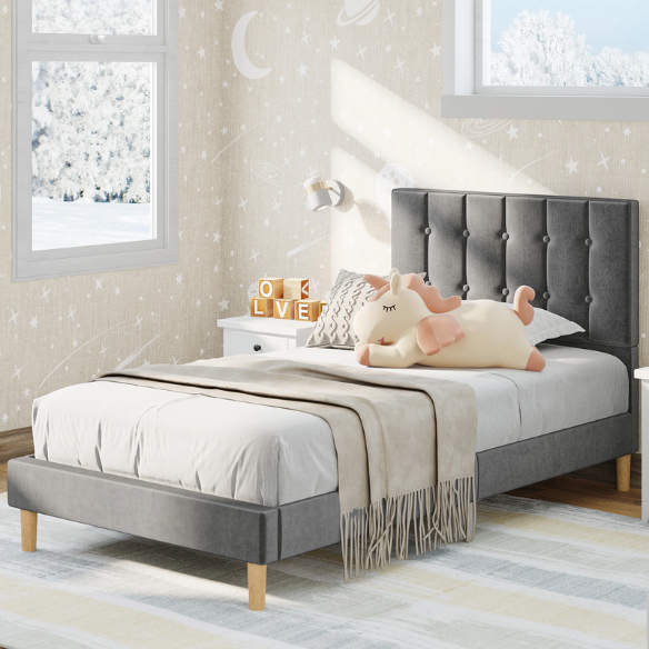 Grey twin bed frame with tufted velvet headboard, sturdy metal and wood construction, and 7.9-inch under-bed storage clearance.