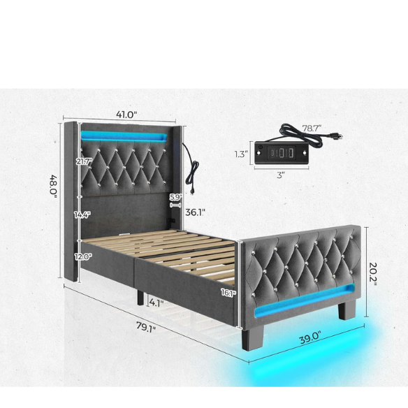 Modern grey twin bed with LED lights, USB charging ports, and upholstered velvet headboard and footboard – no box spring required