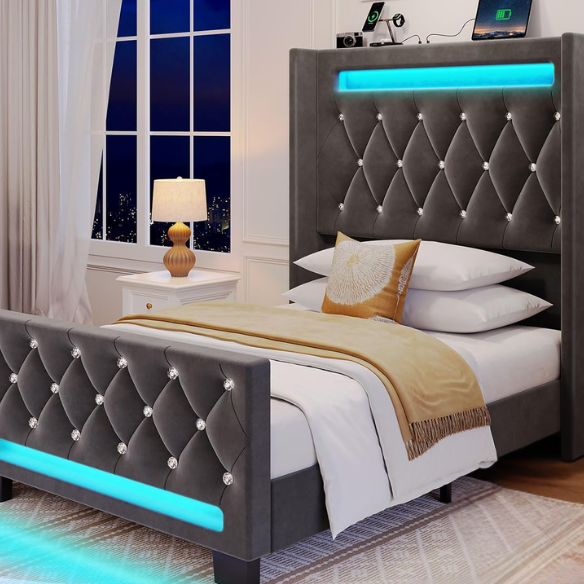 Modern grey twin bed with LED lights, USB charging ports, and upholstered velvet headboard and footboard – no box spring required