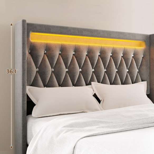 Modern grey twin bed with LED lights, USB charging ports, and upholstered velvet headboard and footboard – no box spring required