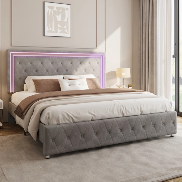Grey velvet full size platform bed with LED lighted tufted headboard and mirrored accents, featuring modern style and underbed storage clearance.