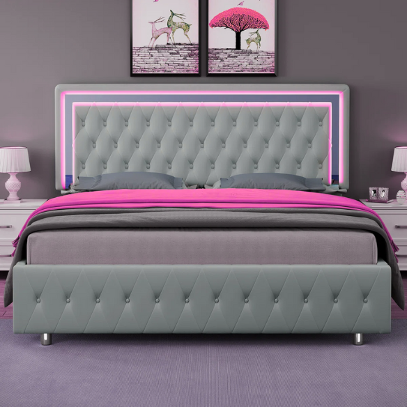 Grey velvet full size platform bed with LED lighted tufted headboard and mirrored accents, featuring modern style and underbed storage clearance.