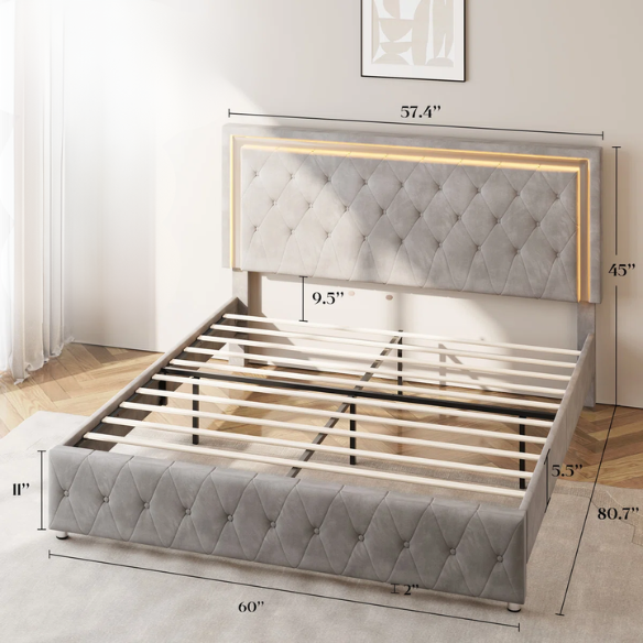 Grey velvet full size platform bed with LED lighted tufted headboard and mirrored accents, featuring modern style and underbed storage clearance.