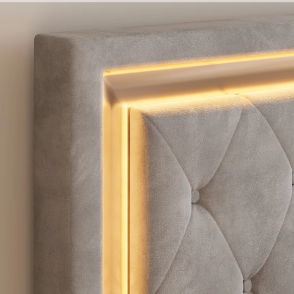 Grey velvet full size platform bed with LED lighted tufted headboard and mirrored accents, featuring modern style and underbed storage clearance.