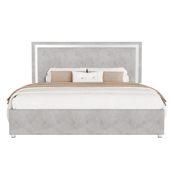 Grey velvet full size platform bed with LED lighted tufted headboard and mirrored accents, featuring modern style and underbed storage clearance.