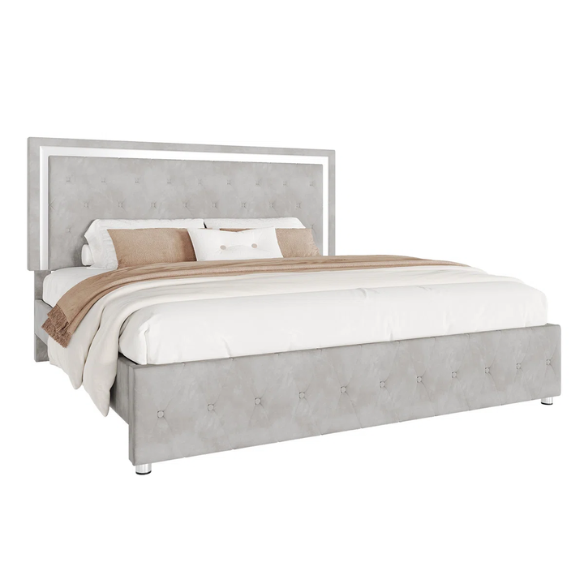 Grey velvet full size platform bed with LED lighted tufted headboard and mirrored accents, featuring modern style and underbed storage clearance.