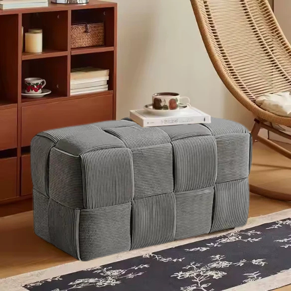 Grey Velvet Ottoman Cube - Modern, Comfortable Footrest with Solid Wood Frame