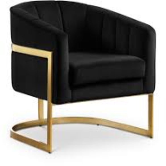 Midnight black modern accent chair with a sleek gold arc-shaped iron base, offering stylish comfort and durability. Perfect for living rooms, bedrooms, offices, and lounges. Sturdy iron frame for long-lasting support and relaxation.