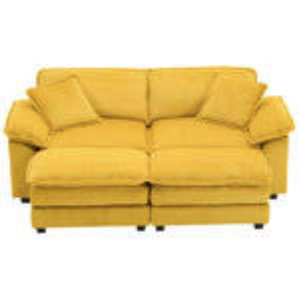 Luxurious yellow velvet sofa with soft ribbed corduroy upholstery, featuring high-resilience foam cushioning and pocket spring support for ultimate comfort. Sturdy solid wood frame and sleek black plastic legs enhance durability and modern appeal, perfect for any living room, office, or bedroom.