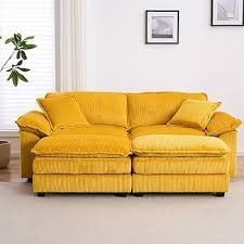 Luxurious yellow velvet sofa with soft ribbed corduroy upholstery, featuring high-resilience foam cushioning and pocket spring support for ultimate comfort. Sturdy solid wood frame and sleek black plastic legs enhance durability and modern appeal, perfect for any living room, office, or bedroom.