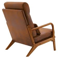High-back brown accent chair with plush high-density cushions for comfort and support, covered in soft breathable fabric. Features an ergonomic design with lumbar support, solid wood frame for durability, and footpads to protect floors. Ideal for living rooms, bedrooms, or offices, offering a sleek and stylish look with easy assembly and low maintenance.