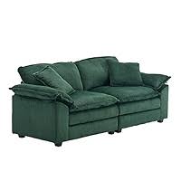 Modern emerald green ribbed velvet corduroy sofa with foam cushioning and pocket spring system, featuring a sturdy wood frame, plush back pillows, and sleek black plastic legs for superior comfort and stylish design.