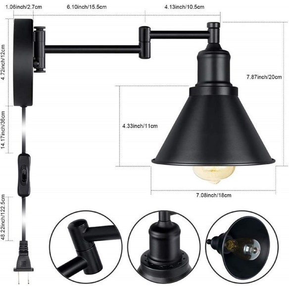 Industrial matte black swing arm wall sconce with adjustable arm and E26 bulb socket, perfect for vintage-inspired interiors.