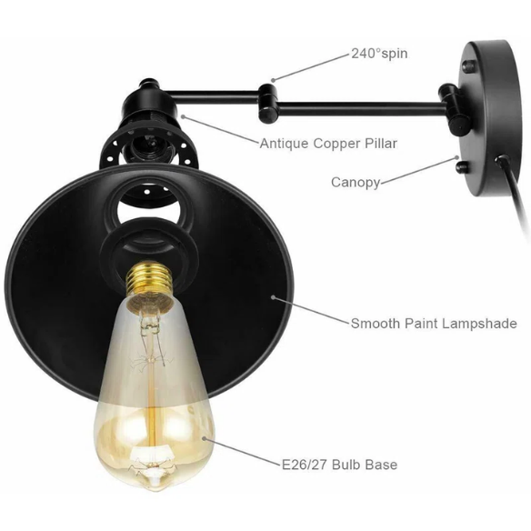 Industrial matte black swing arm wall sconce with adjustable arm and E26 bulb socket, perfect for vintage-inspired interiors.
