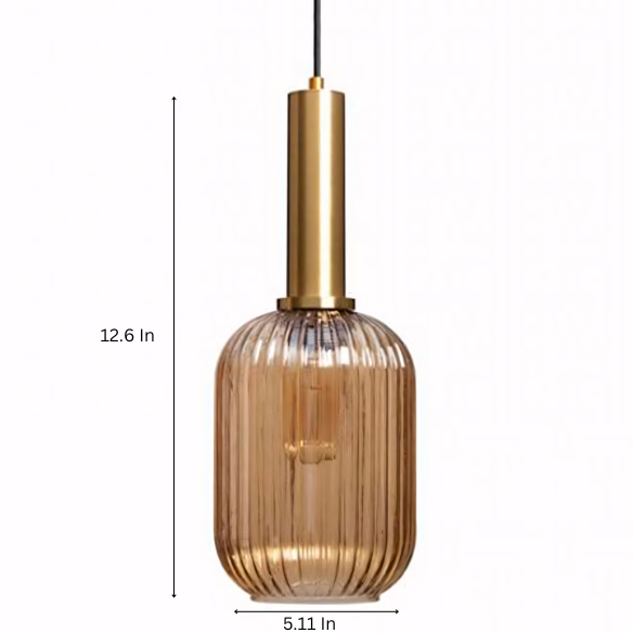 Industrial vintage pendant light with ribbed amber glass and brass finish for modern home decor.
