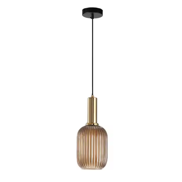 Industrial vintage pendant light with ribbed amber glass and brass finish for modern home decor.