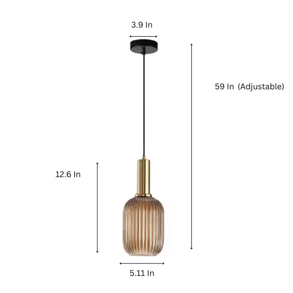 Industrial vintage pendant light with ribbed amber glass and brass finish for modern home decor.