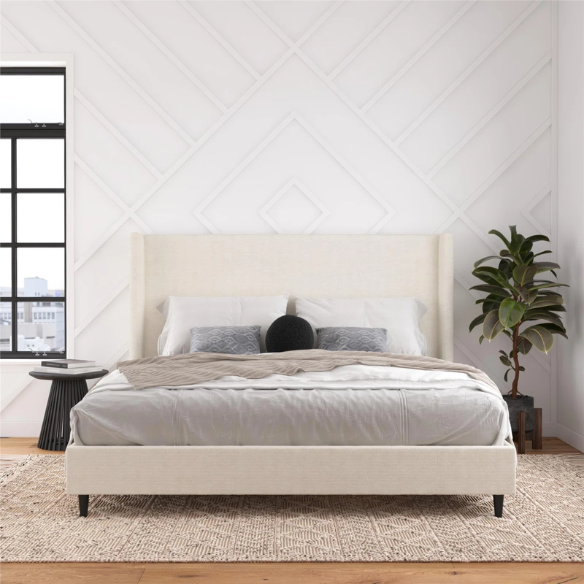 Ivory bouclé upholstered king-size platform bed with tall wingback headboard, wood slats, and no box spring required.