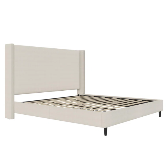 Ivory canvas upholstered king platform bed with tall wingback headboard and no box spring required
