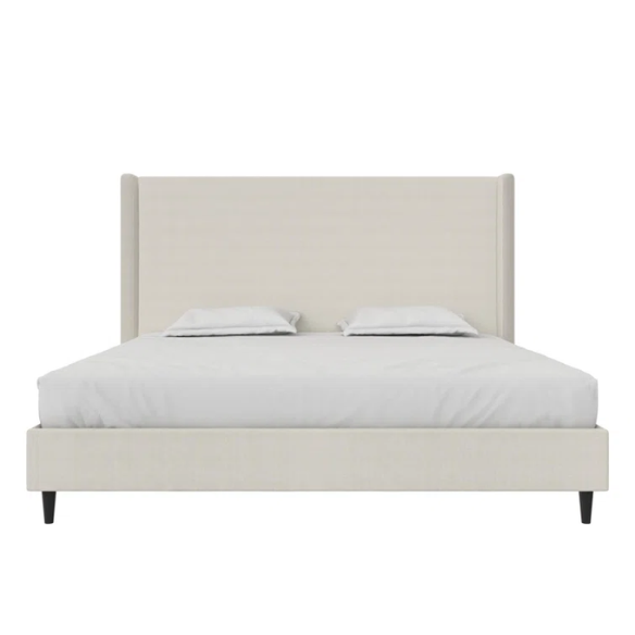 Ivory canvas upholstered king platform bed with tall wingback headboard and no box spring required