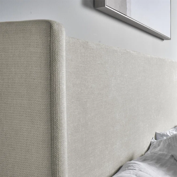 Ivory canvas upholstered king platform bed with tall wingback headboard and no box spring required