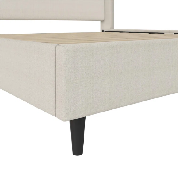 Ivory canvas upholstered king platform bed with tall wingback headboard and no box spring required