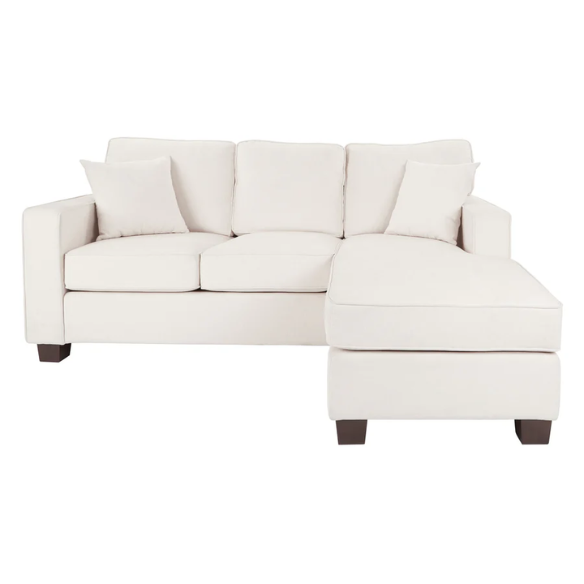 Ivory upholstered sectional sofa with reversible chaise, square arms, cushion back, and coffee-finished wood block legs