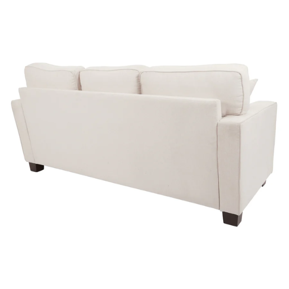 Ivory upholstered sectional sofa with reversible chaise, square arms, cushion back, and coffee-finished wood block legs