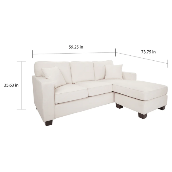 Ivory upholstered sectional sofa with reversible chaise, square arms, cushion back, and coffee-finished wood block legs
