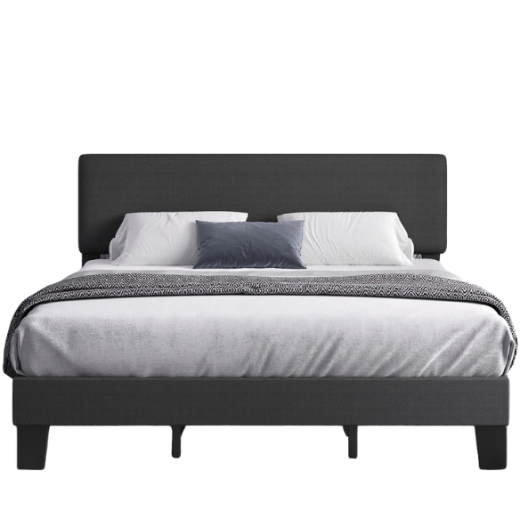 King-size upholstered platform bed with adjustable linen headboard, underbed storage clearance, and soft padded frame in modern design