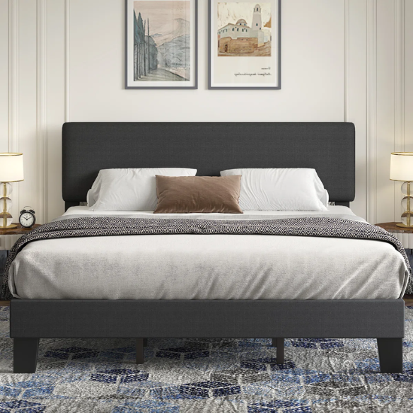 King-size upholstered platform bed with adjustable linen headboard, underbed storage clearance, and soft padded frame in modern design