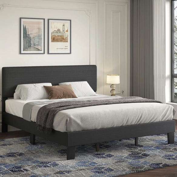 King-size upholstered platform bed with adjustable linen headboard, underbed storage clearance, and soft padded frame in modern design
