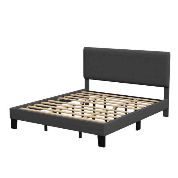 King-size upholstered platform bed with adjustable linen headboard, underbed storage clearance, and soft padded frame in modern design