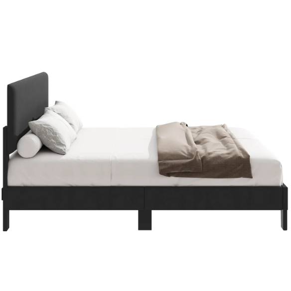 King-size upholstered platform bed with adjustable linen headboard, underbed storage clearance, and soft padded frame in modern design