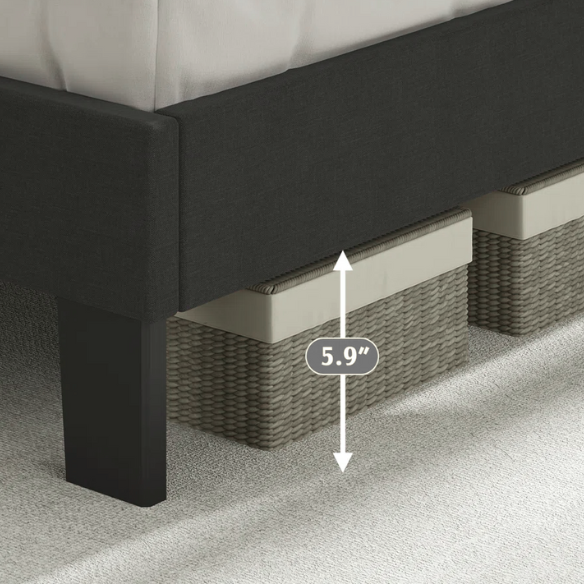 King-size upholstered platform bed with adjustable linen headboard, underbed storage clearance, and soft padded frame in modern design