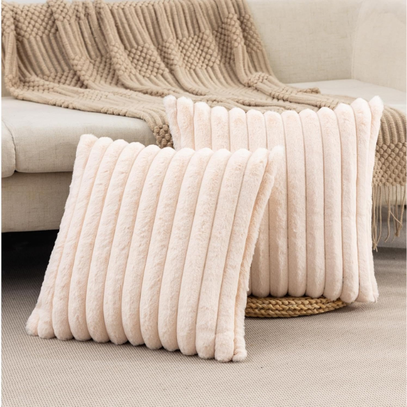 Soft light apricot striped throw pillow cover with faux wool front and velvet back, 16x16 size.