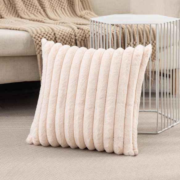 Soft light apricot striped throw pillow cover with faux wool front and velvet back, 16x16 size.