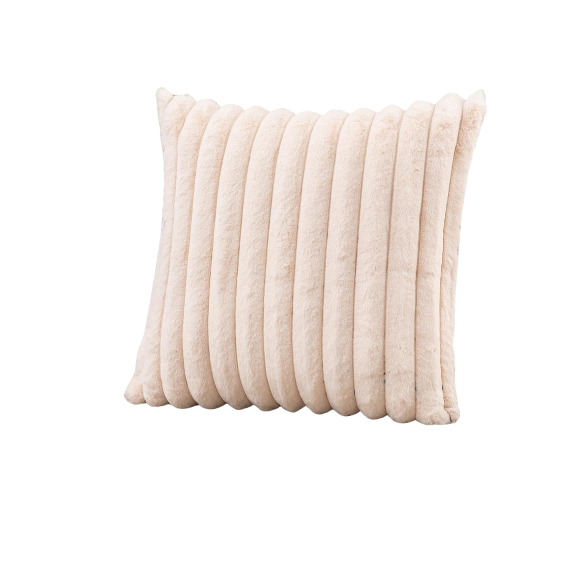Soft light apricot striped throw pillow cover with faux wool front and velvet back, 16x16 size.