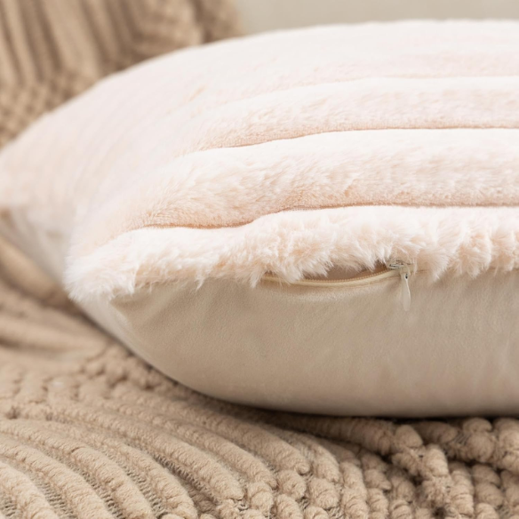 Soft light apricot striped throw pillow cover with faux wool front and velvet back, 16x16 size.