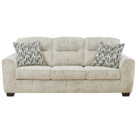 Light beige 3-seater sofa with plush cushions, accent pillows, and dark tri-block legs, ideal for modern living rooms.