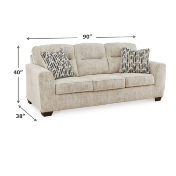 Light beige 3-seater sofa with plush cushions, accent pillows, and dark tri-block legs, ideal for modern living rooms.