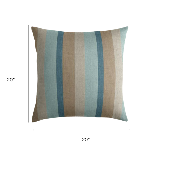 Striped accent pillow in light blue, misty teal, warm sand, and light beige – reversible and weather-resistant with plush polyester fill, perfect for indoor or outdoor spaces.