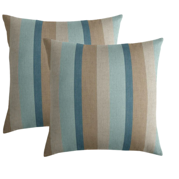 Striped accent pillow in light blue, misty teal, warm sand, and light beige – reversible and weather-resistant with plush polyester fill, perfect for indoor or outdoor spaces.
