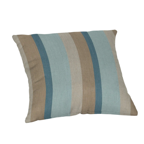 Striped accent pillow in light blue, misty teal, warm sand, and light beige – reversible and weather-resistant with plush polyester fill, perfect for indoor or outdoor spaces.