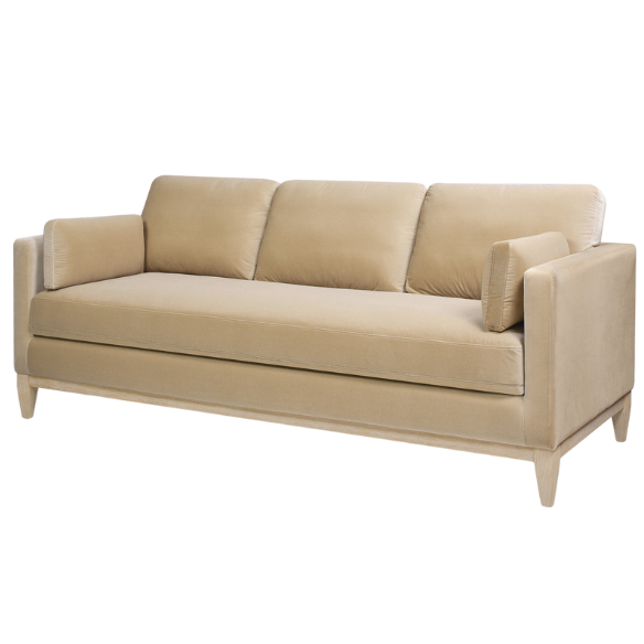 Light camel velvet 3-seater sofa with feather-down cushions, track arms, and solid wood legs, ideal for modern and transitional spaces.