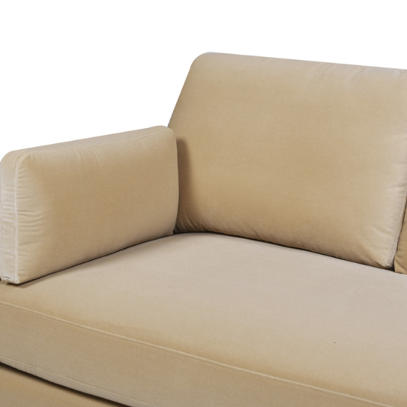 Light camel velvet 3-seater sofa with feather-down cushions, track arms, and solid wood legs, ideal for modern and transitional spaces.