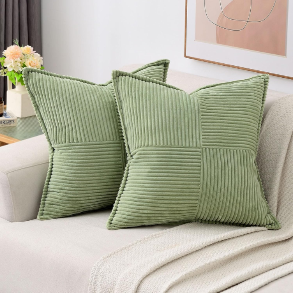 Light green corduroy pillow cover with geometric striped pattern, modern and eco-friendly, ideal for sofas, chairs, and outdoor patios.